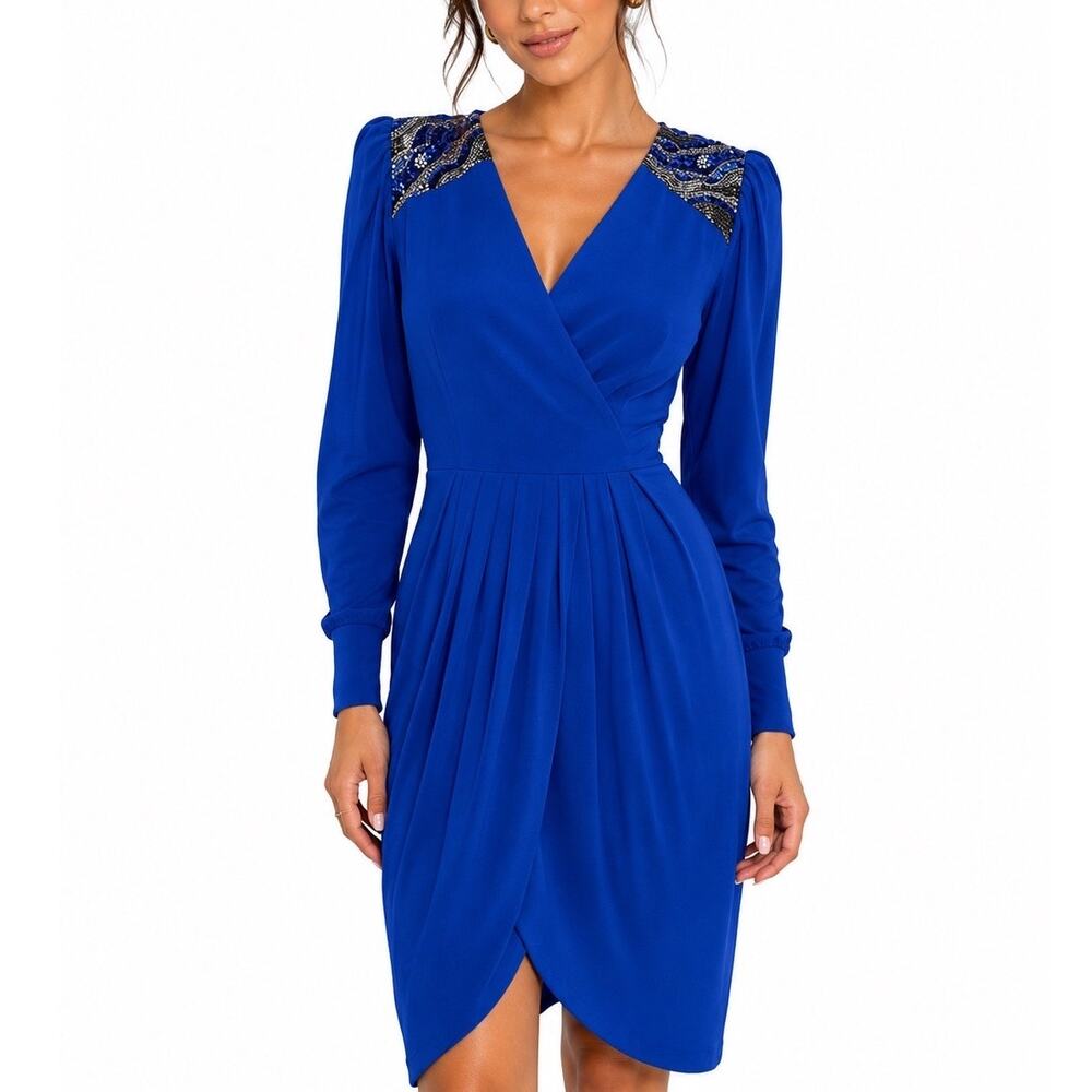 M VTG Miss Elliette USA Vintage Royal Blue Tulip Hem Beaded Midi Cocktail Dress